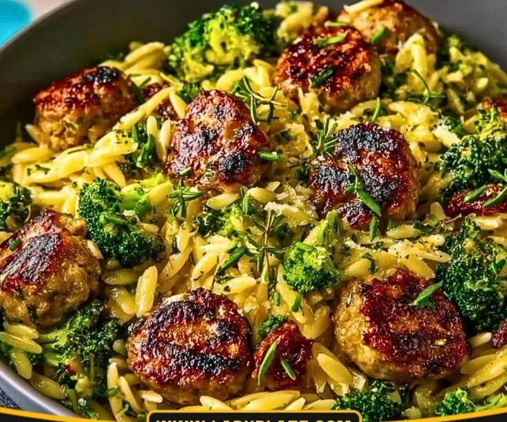 Sausage Orzo with broccoli in a bowl, a hearty and delicious meal