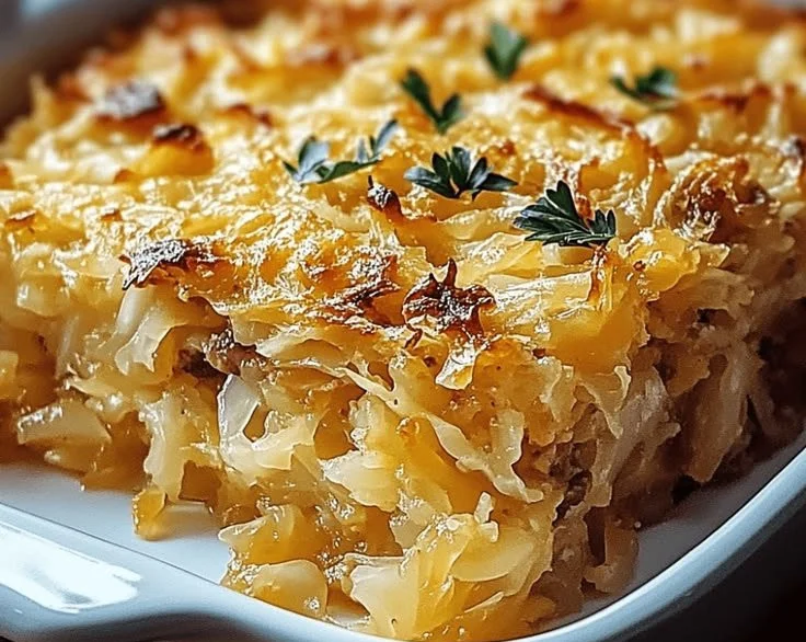 Savory sauerkraut casserole dish served in a bowl, garnished with herbs.