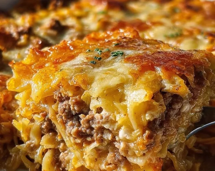 Savory sauerkraut casserole topped with cheese and herbs in a baking dish