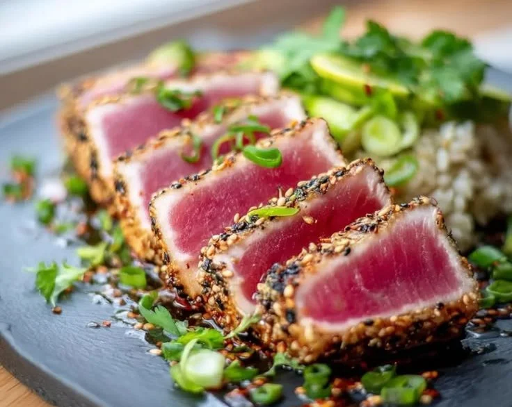 Seared ahi tuna steak garnished with sesame seeds and herbs on a plate