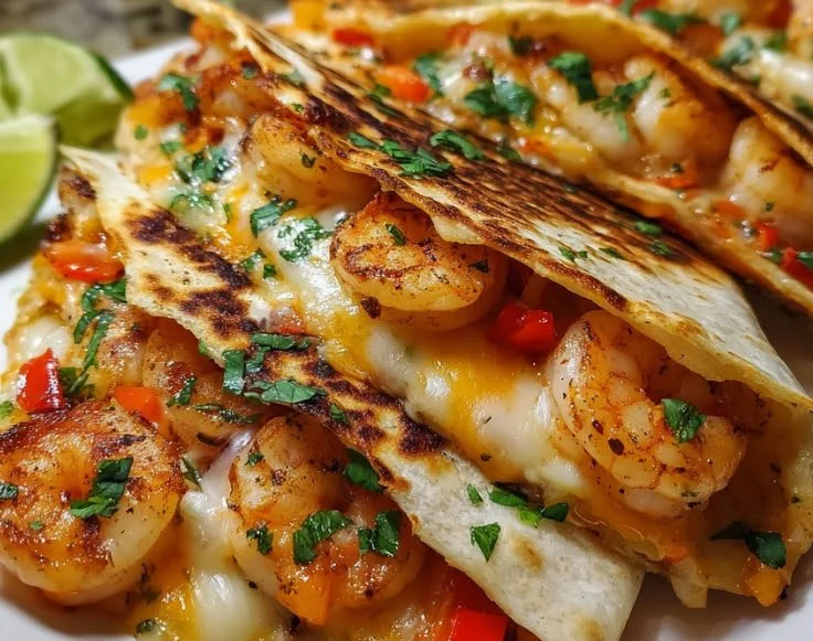 Shrimp quesadilla with melty cheese served on a plate