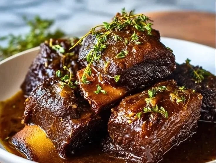 Slow cooker beef short ribs with rich gravy and vegetables