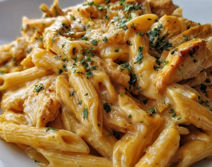 Bowl of slow cooker cheesy chicken penne topped with herbs