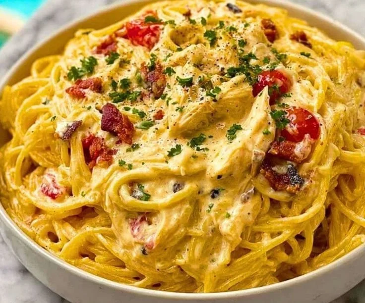 Delicious slow cooker chicken spaghetti served in a bowl