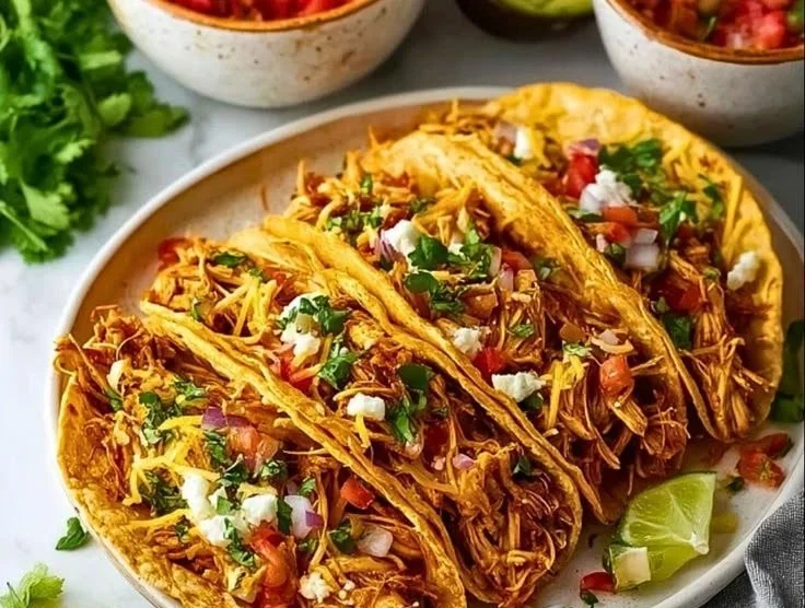 Delicious slow cooker shredded chicken tacos served on a plate