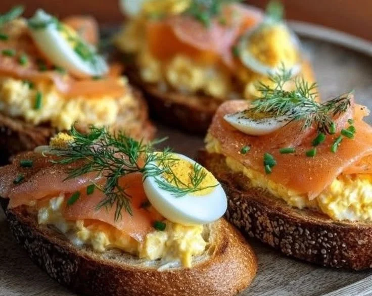 Smoked salmon crostini with egg-cheddar mousse on a serving tray
