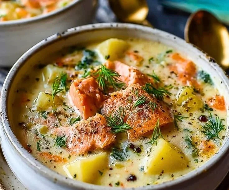 Bowl of creamy smoked salmon chowder with potatoes and fresh herbs