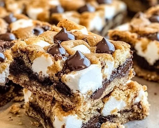 Delicious S'mores Cookie Bars with chocolate, marshmallows, and graham crackers