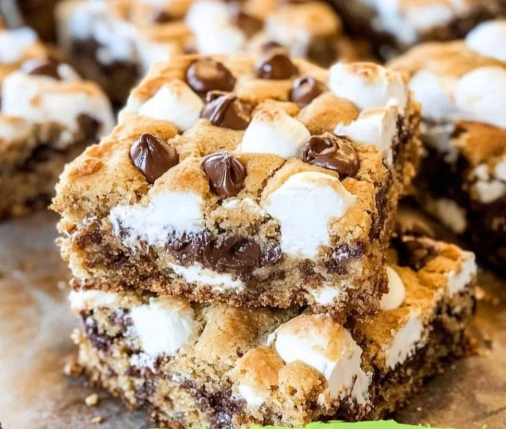 Delicious S'mores Cookie Bars fresh out of the oven with chocolate and marshmallows