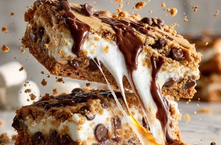 Delicious S'mores Cookie Bars topped with marshmallows and chocolate