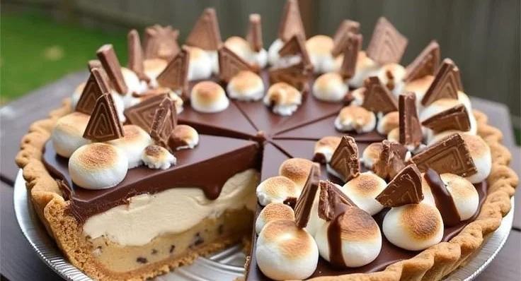 Delicious S'mores Cookie Dough Pie with chocolate, marshmallows, and cookie dough
