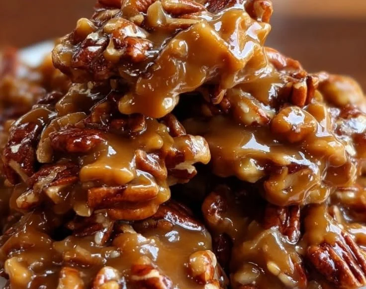 Delicious soft caramel pecan clusters freshly made in a kitchen setting.