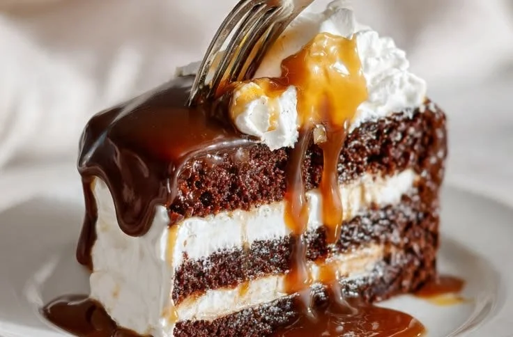 Soft chocolate cake with caramel cream frosting on a white plate