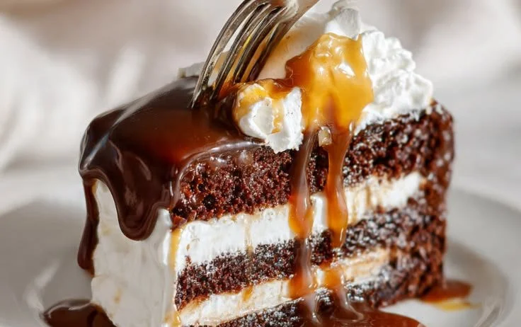 Soft chocolate cake drizzled with rich caramel sauce