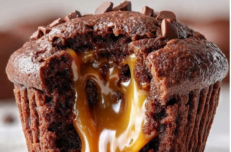 Soft chocolate muffins with a rich caramel center, freshly baked