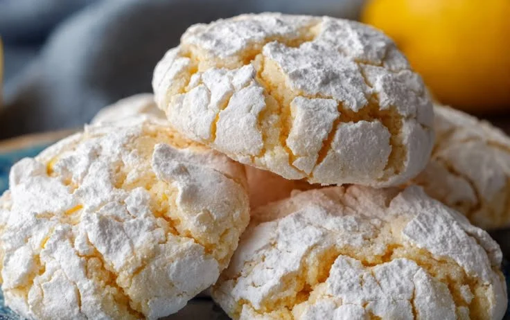 Soft lemon crinkle cookies dusted with powdered sugar on a plate.