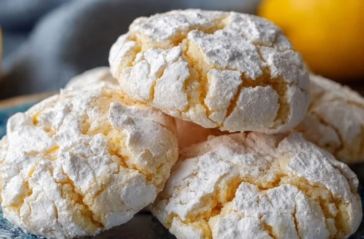 Freshly baked soft lemon crinkle cookies dusted with powdered sugar.