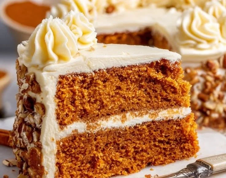 Delicious spice cake with cream cheese frosting on a decorative plate