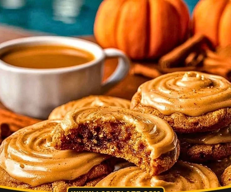 Freshly baked spiced pumpkin latte cookies on a rustic table