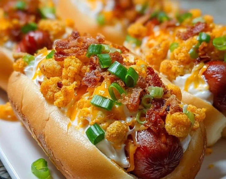 Spicy Flaming Cheetos Hot Dogs garnished with crushed cheetos and hot sauce