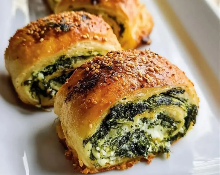 Baked spinach ricotta rolls topped with herbs and served on a plate