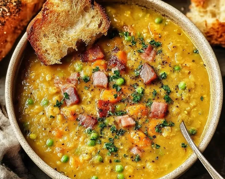 Bowl of homemade Split Pea Soup with fresh herbs and bread.