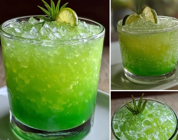 Creamy tropical drink in a green oasis setting for St. Patrick's Day celebration.