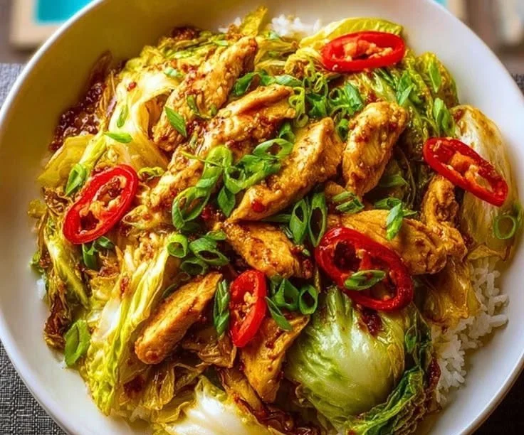 Stir-Fried Chinese Chicken with Cabbage served in a bowl