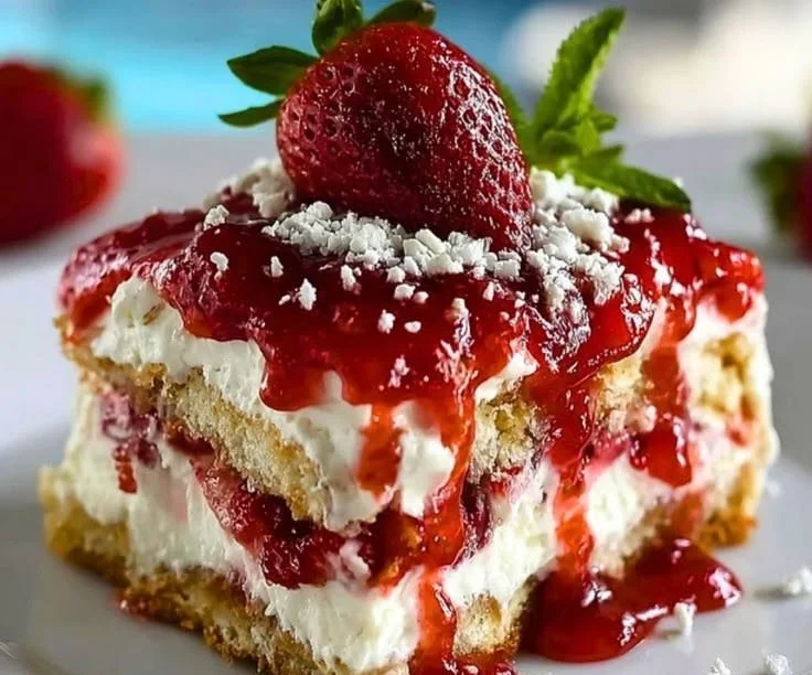 Strawberries and Cream Dream Layer Cheesecake Cake with fresh strawberries