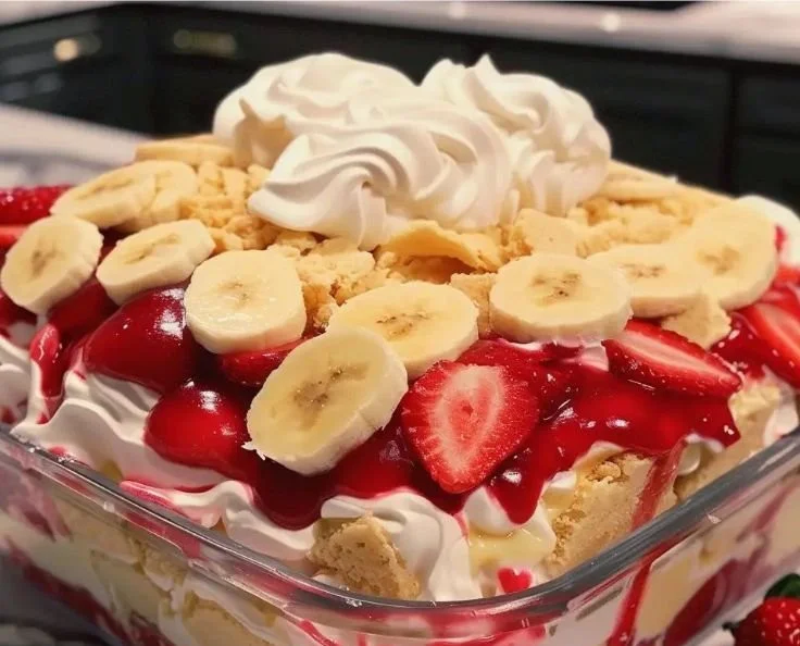 A creamy bowl of strawberry banana pudding topped with fresh strawberries and banana slices.
