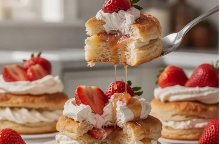 Strawberry biscuit stacks topped with honey butter, served on a plate.