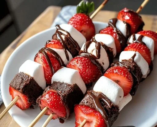 Delicious strawberry brownie kabobs on skewers, perfect for dessert.