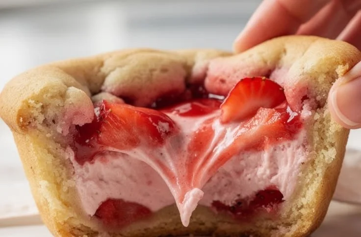 Delicious strawberry cheesecake cookie cups topped with fresh strawberries.