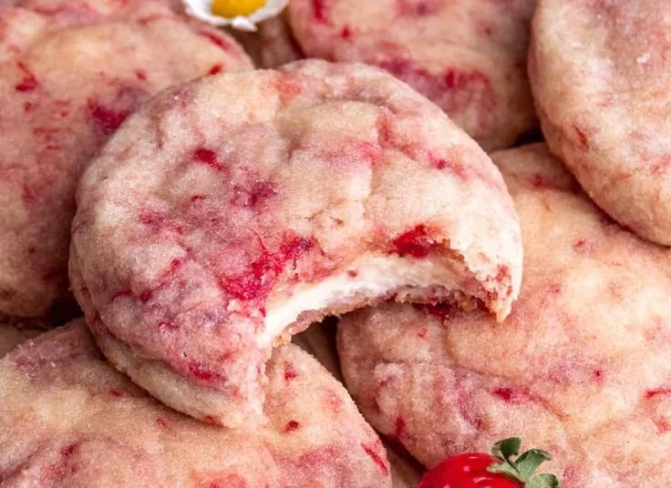 Freshly baked strawberry cheesecake cookies on a plate