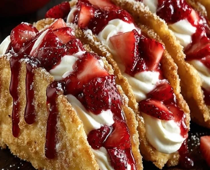 Strawberry cheesecake dessert tacos topped with fresh strawberries and whipped cream