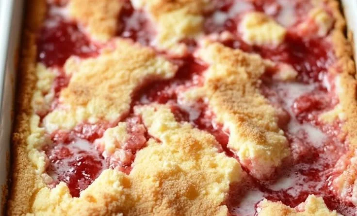 Delicious strawberry cheesecake dump cake with fresh strawberries and creamy filling