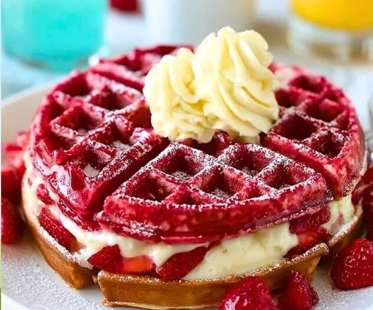 Homemade strawberry cheesecake stuffed waffles with fresh strawberries