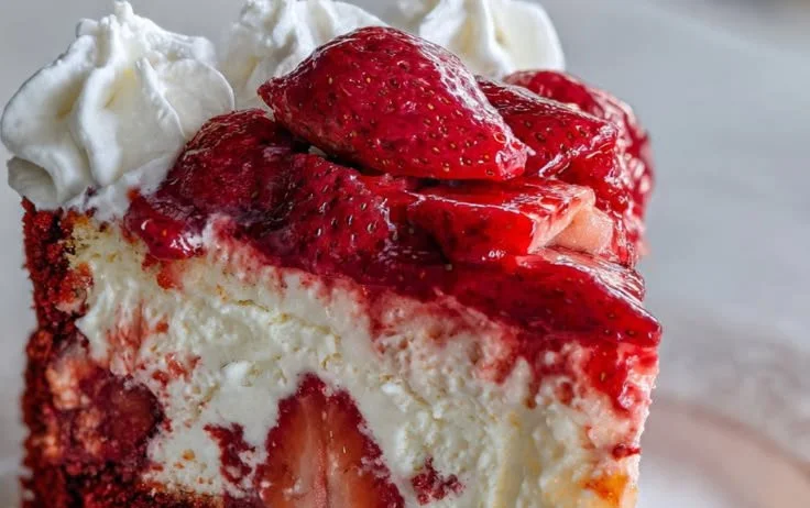 Delicious strawberry cheesecake with a rich red velvet crust