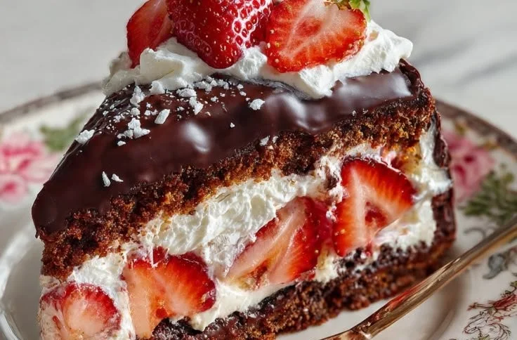 Delicious Strawberry Chocolate Shell Cake with strawberries and chocolate coating