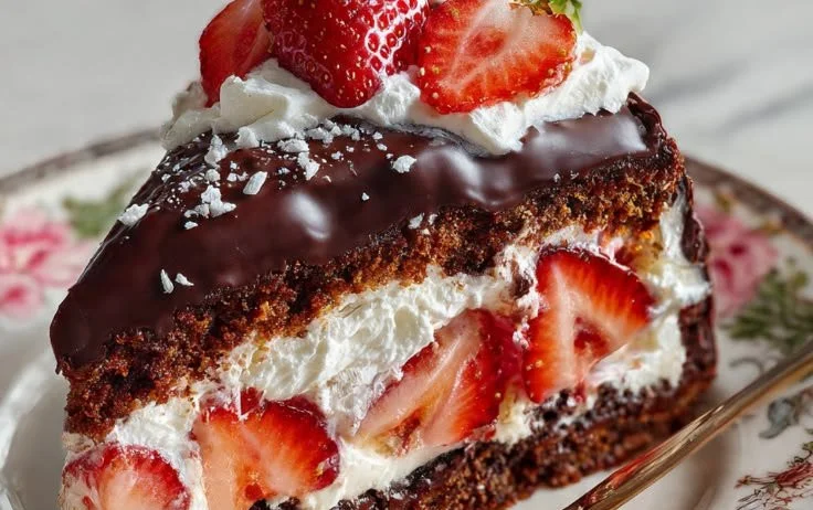 Delicious strawberry chocolate shell cake decorated with fresh strawberries