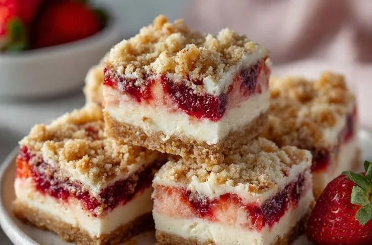 Strawberry Crunch Cheesecake Bars topped with a crunchy layer.