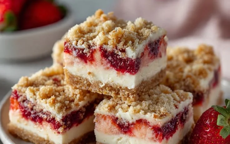 Delicious Strawberry Crunch Cheesecake Bars with creamy filling and crunchy topping