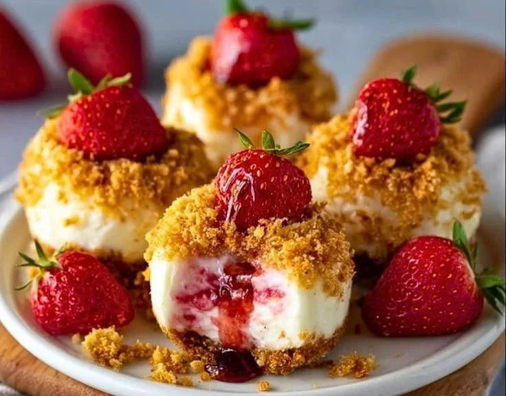 Delicious strawberry crunch cheesecake bites on a plate.