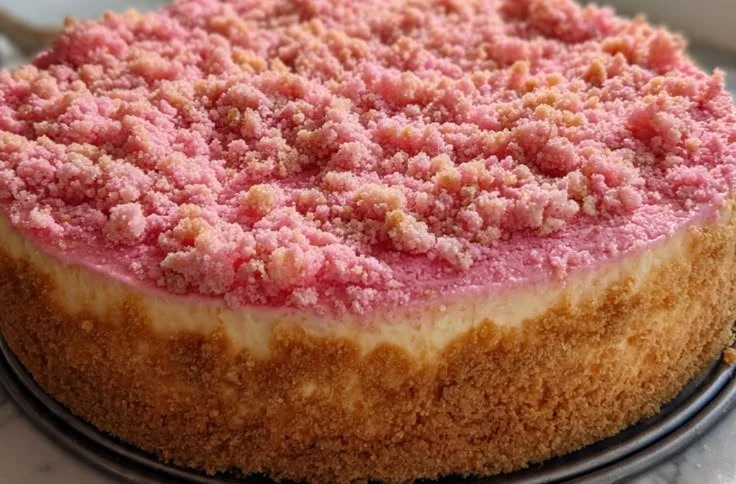 Slice of strawberry crunch cheesecake topped with fresh strawberries and crumbs