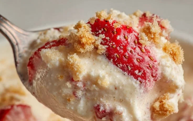 Strawberry dessert salad topped with creamy dressing on a white plate