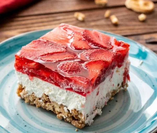 Delicious Strawberry Pretzel Salad served in a bowl with fresh strawberries