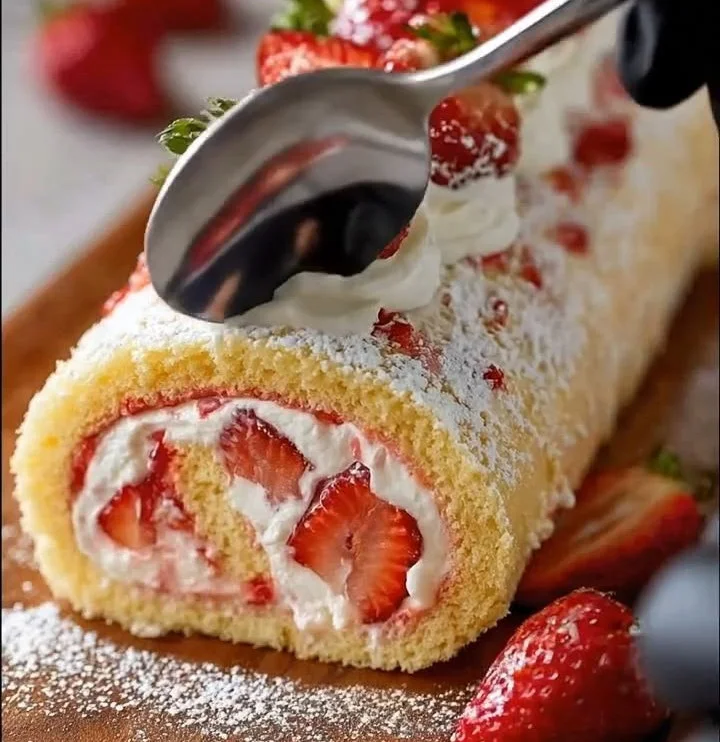 Slice of Strawberry Shortcake Cake Roll on a white plate with fresh strawberries