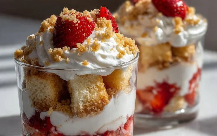 Delicious strawberry shortcake crunch cups topped with fresh strawberries and whipped cream.