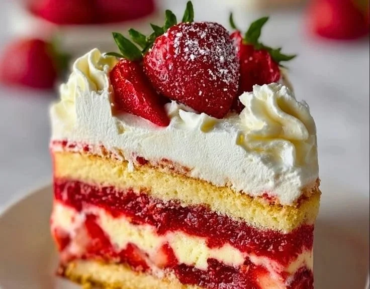 Delicious layered slice of Strawberry Shortcake on a plate with fresh strawberries