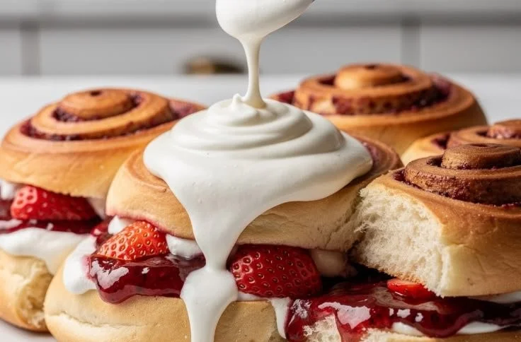 Freshly made Strawberry Vanilla Cream Rolls drizzled with icing.